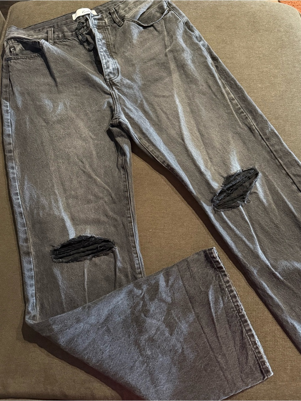 KanCan Washed Black Flare Jeans with Knee Rips